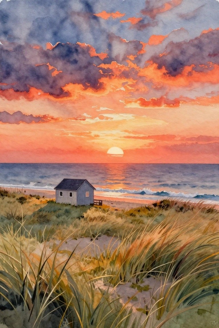 Watercolor of small house on grassy dunes at vibrant orange ocean sunset