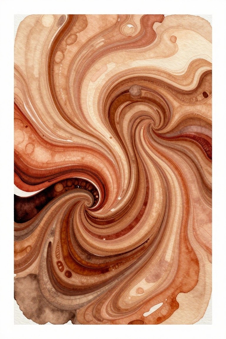 Abstract painting of swirling layered curves in shades of brown, beige, and cream with small bubble-like shapes.