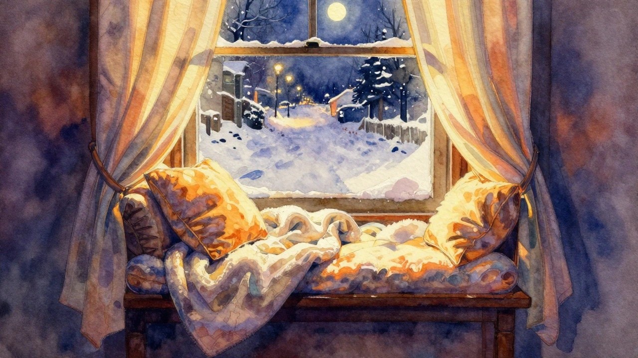 Watercolor of snowy night view through window with full moon and orange curtains.