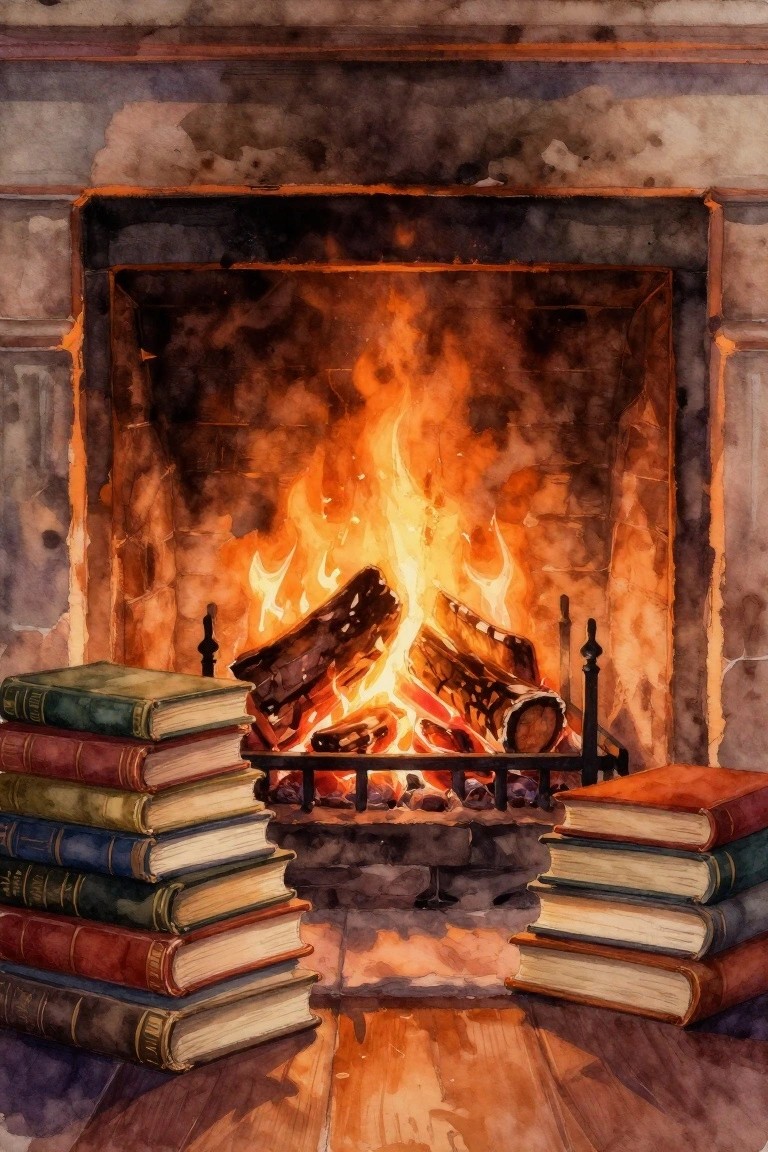 Watercolor of blazing fireplace with stacked old books on wooden floor.
