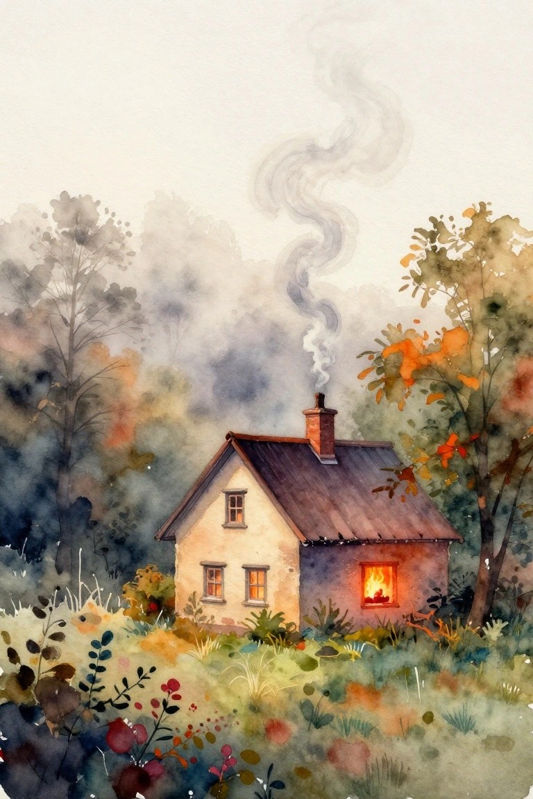 A watercolor painting of a small house in the woods with smoke rising from the chimney and warm light glowing from one window.