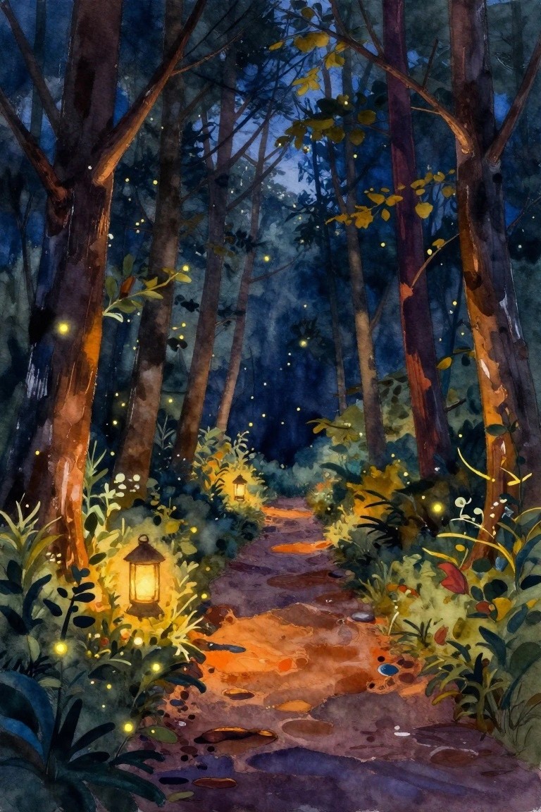 Watercolor painting of lantern-lit path winding through glowing fireflies in dark forest.