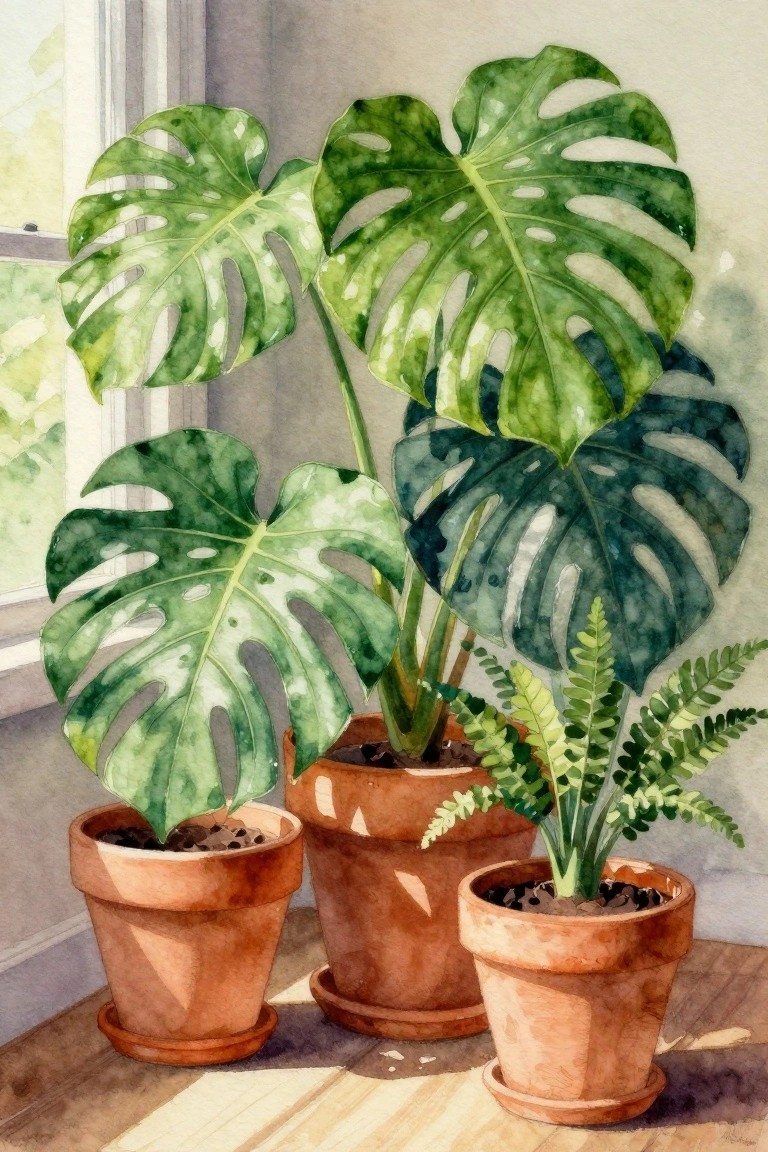 Watercolor painting of monstera and fern plants in terracotta pots on wooden floor.