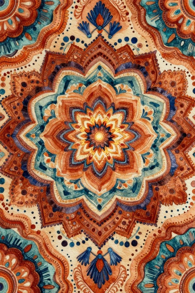 Vibrant watercolor mandala with intricate orange, teal, and blue patterns