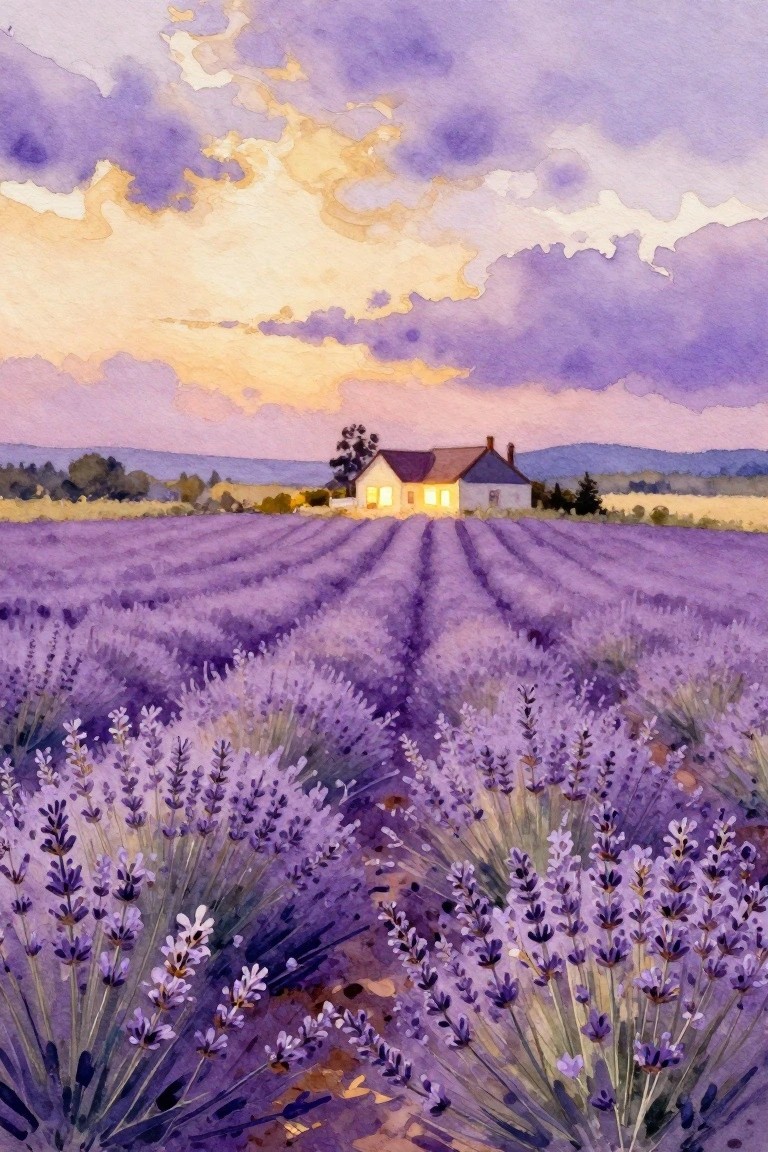 Watercolor of lavender rows leading to glowing cottage under purple-orange sky
