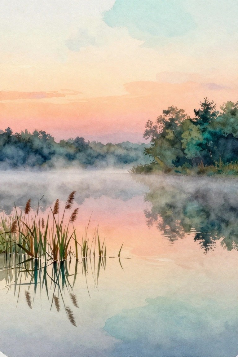 A watercolor landscape shows a misty lake at dawn or dusk with tall reeds in the foreground, soft pink and orange sky, and reflections of trees in the water.