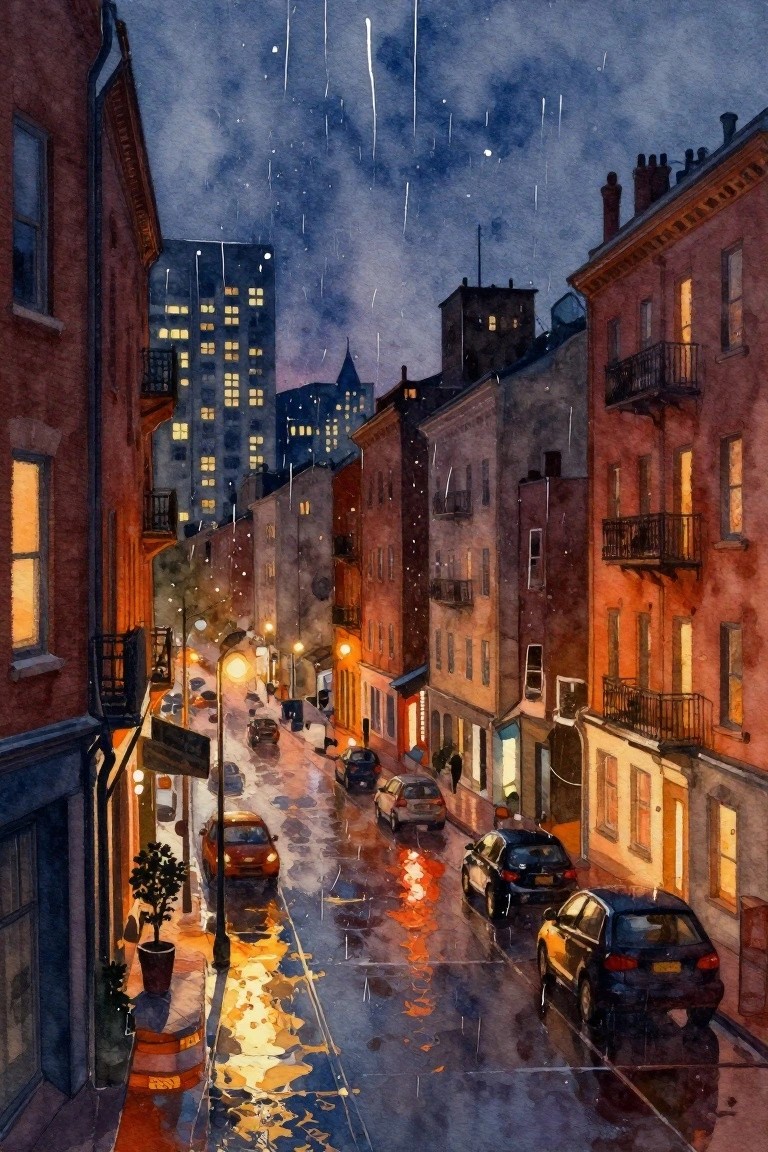 Watercolor of rainy night city street with glowing reflections on wet pavement.