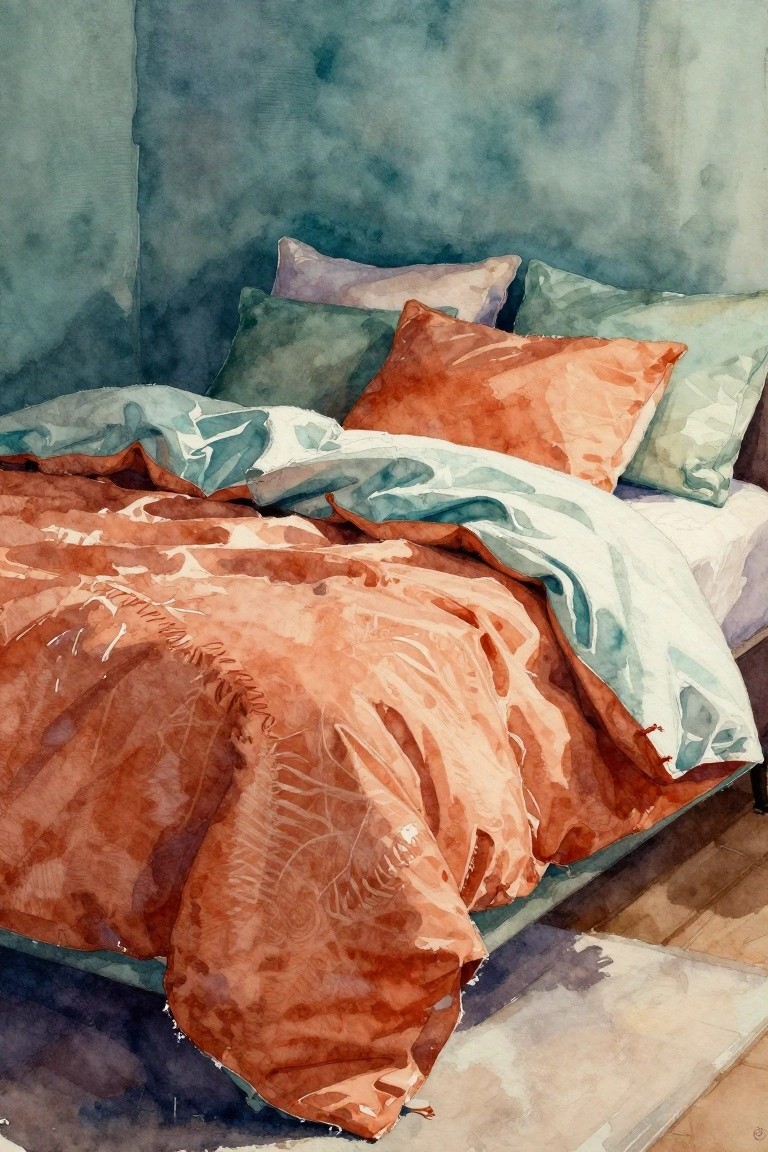 Watercolor of rumpled bed with orange duvet, teal sheets, and colorful pillows.