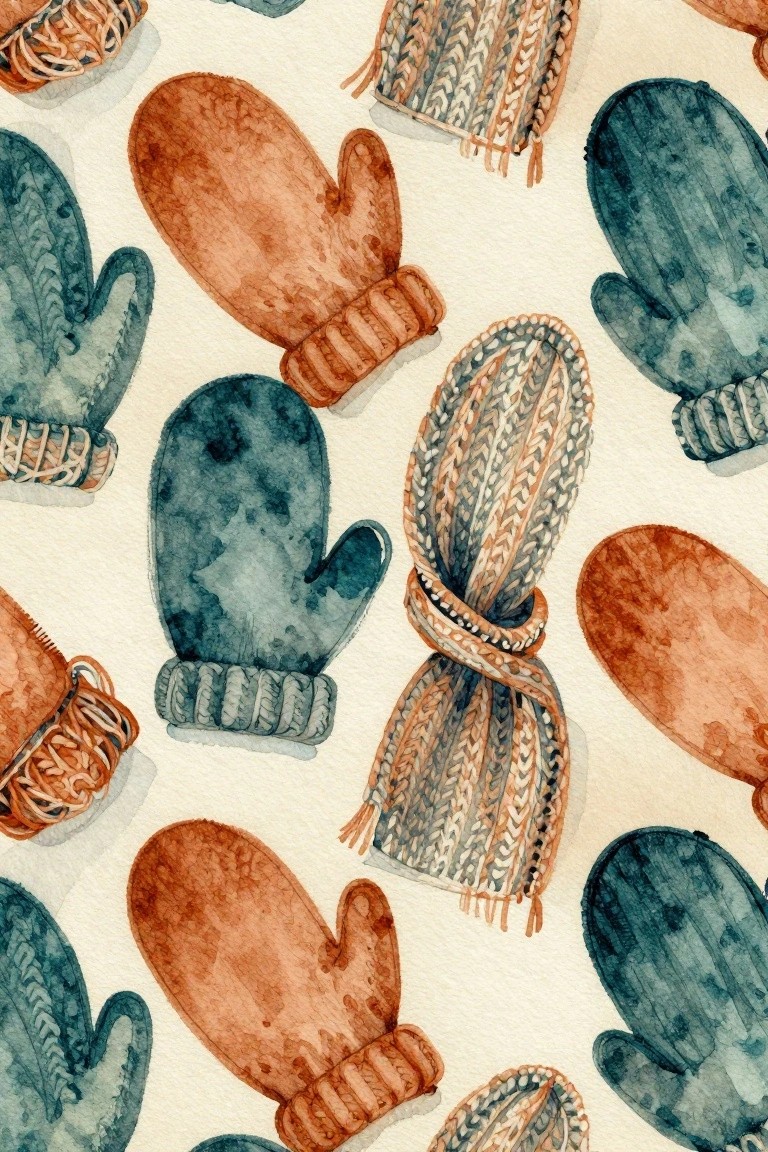 Watercolor image of multiple mittens in blue and brown tones scattered across a white background, some plain and some with knit patterns.