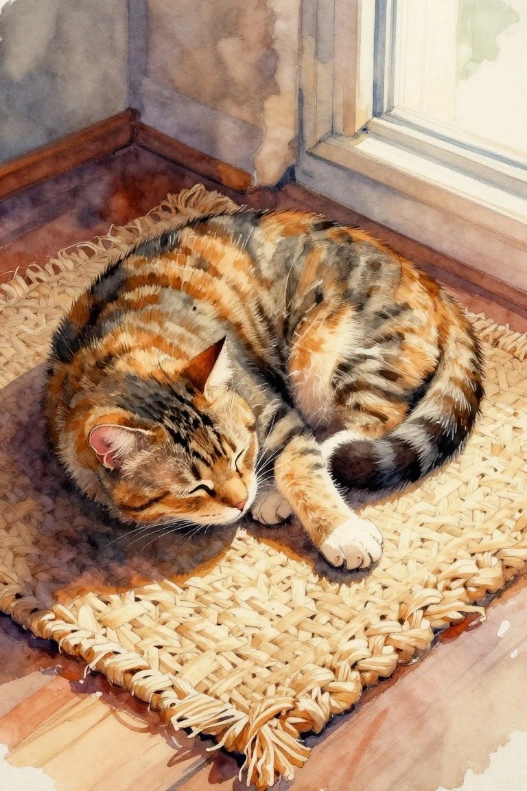 A tabby cat curled asleep on a woven mat beside a window in a watercolor painting.