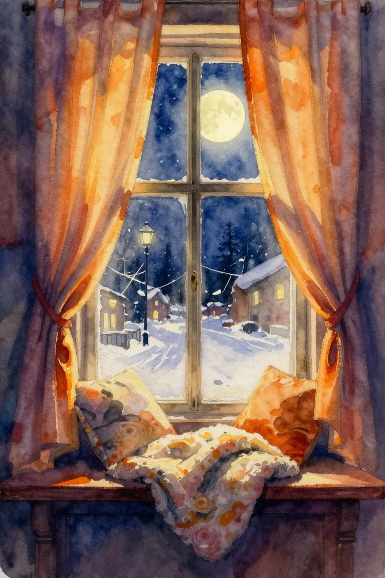 Watercolor of snowy night view through window with full moon and orange curtains.