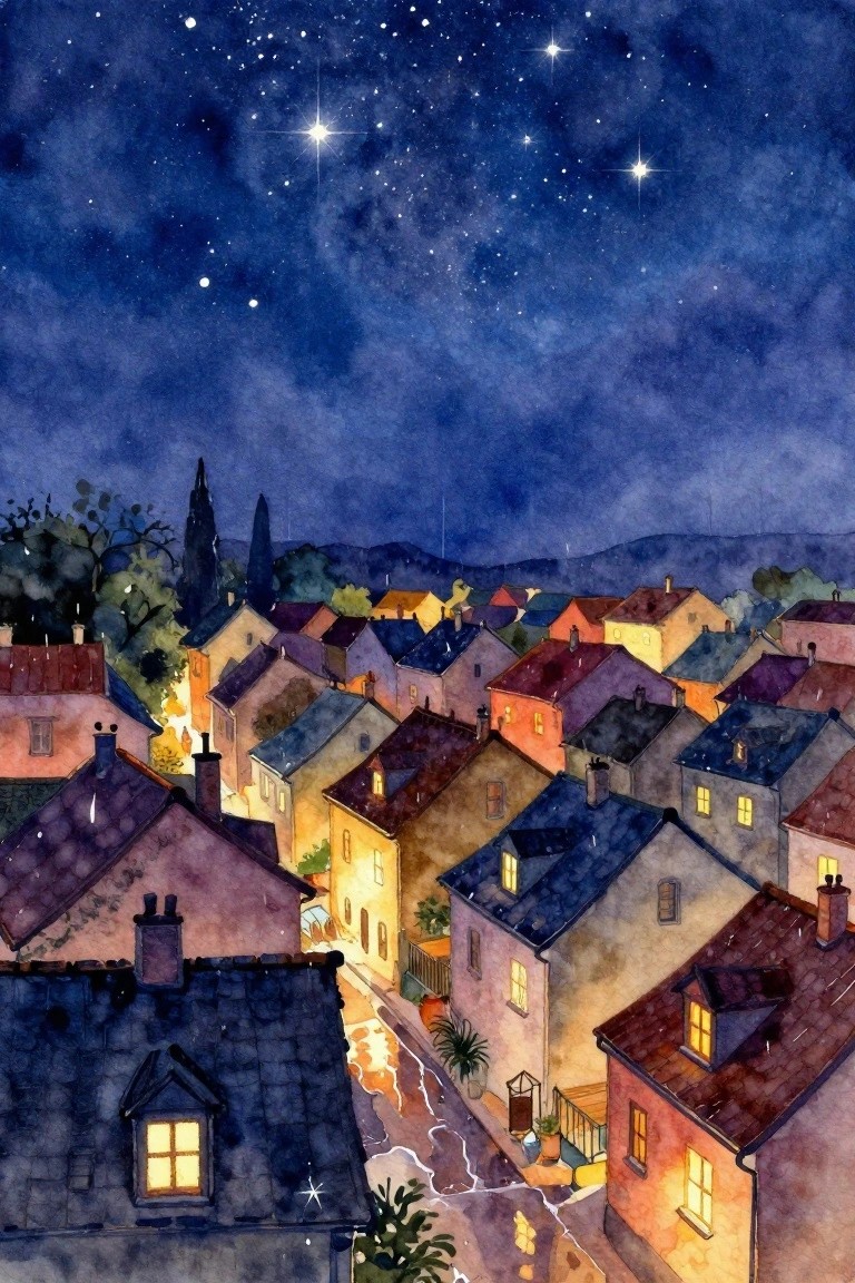 A watercolor painting shows rows of houses with colorful roofs at night, lit windows, stars overhead, and wet streets reflecting light.
