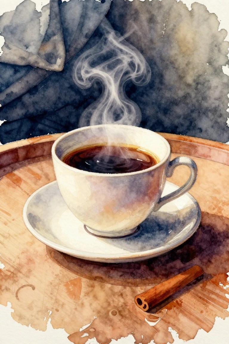 Watercolor of steaming coffee cup on saucer with cinnamon stick on wooden tray