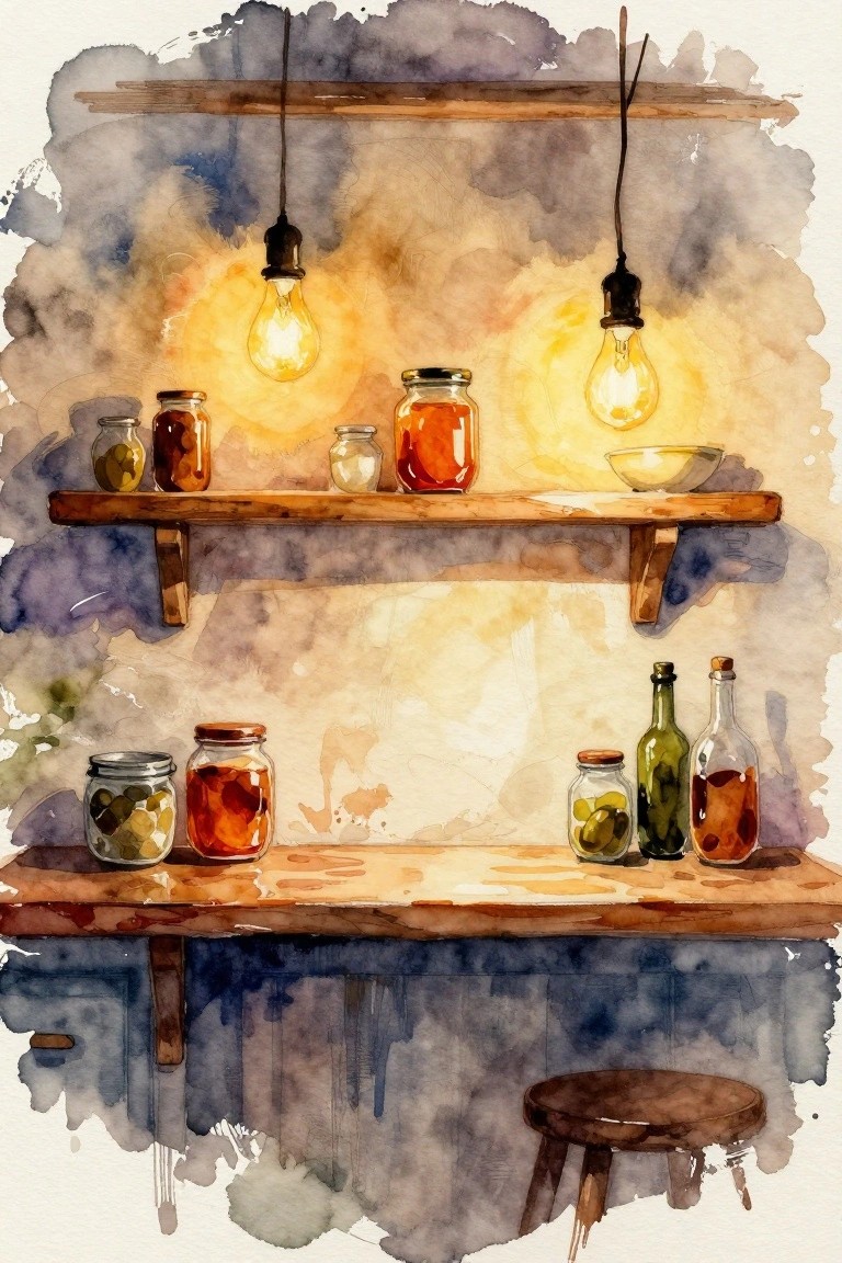 Watercolor of rustic wooden shelves with glowing jars, hanging bulbs, and a stool below