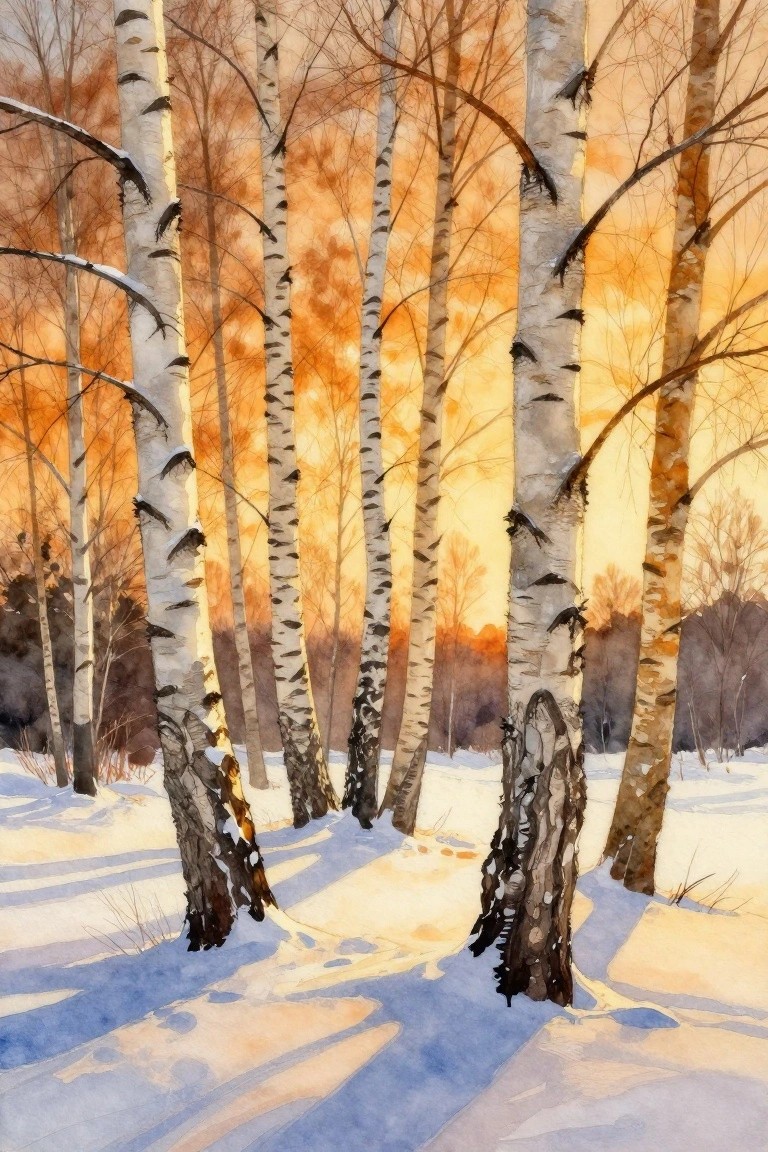 Watercolor of white birch trees in snow under glowing orange sunset sky.