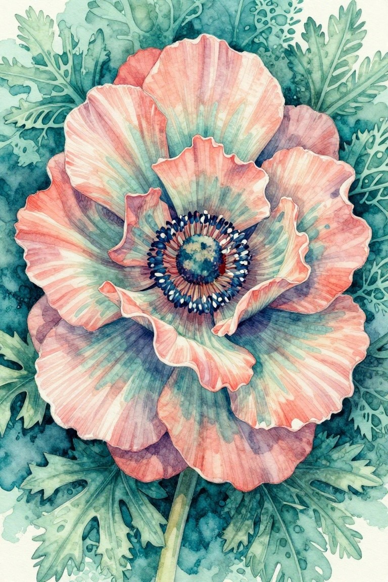 Watercolor poppy with coral-pink petals, blue center, and lush green foliage