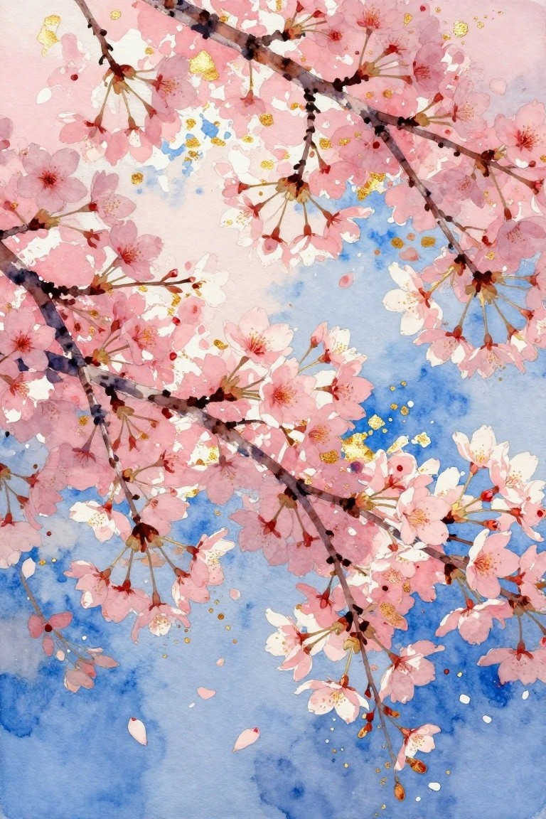 Watercolor cherry blossoms in pink with gold splatters on blue background.
