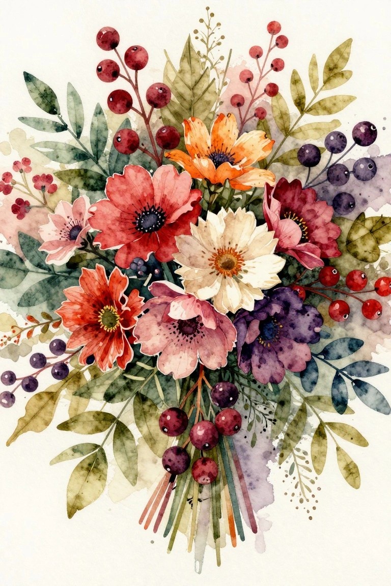 A watercolor bouquet of red, orange, white, pink, and purple flowers mixed with red and dark purple berries and green leaves on a white background.