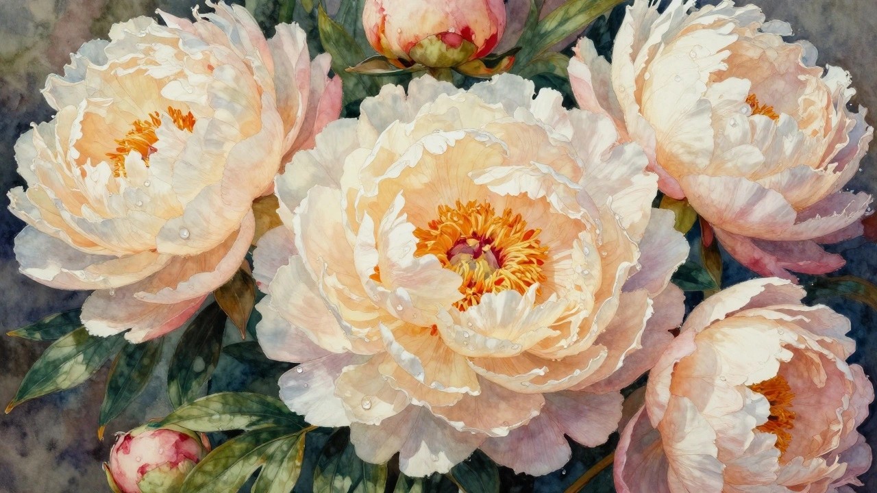 A watercolor painting of several large peach and pink peony flowers with yellow centers, visible water droplets, and green leaves against a muted background.