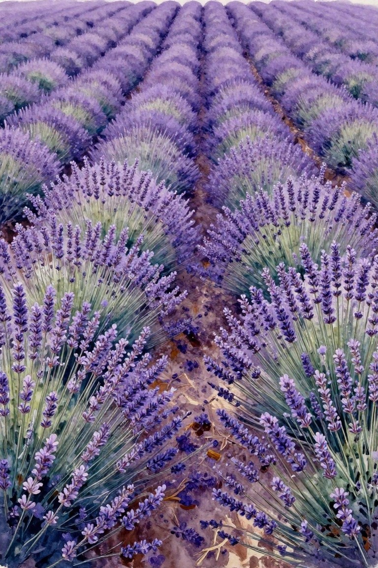 Rows of purple lavender flowers along a dirt path in watercolor style.