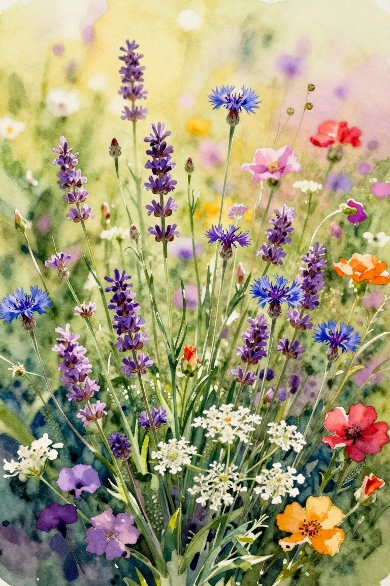 Vibrant watercolor wildflowers with lavender, blue cornflowers, and poppies in a meadow.