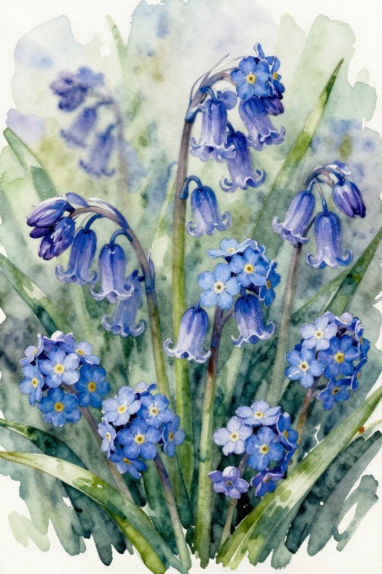 Watercolor painting of bluebell flowers and forget-me-nots with green leaves against a soft background.