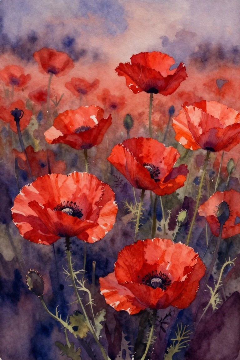 A watercolor painting of red poppies and buds on green stems against a soft purple and blue background.