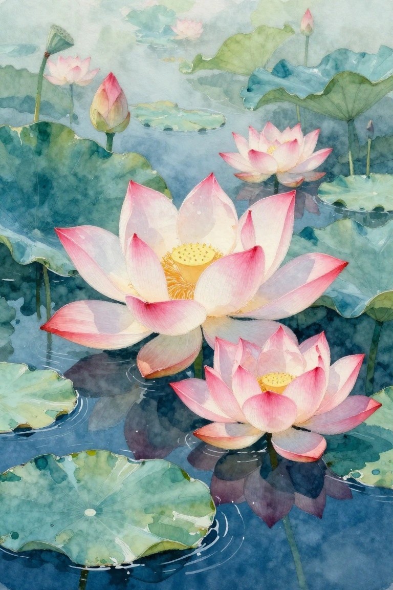 Watercolor of blooming pink lotuses with yellow centers amid green lily pads on blue pond.
