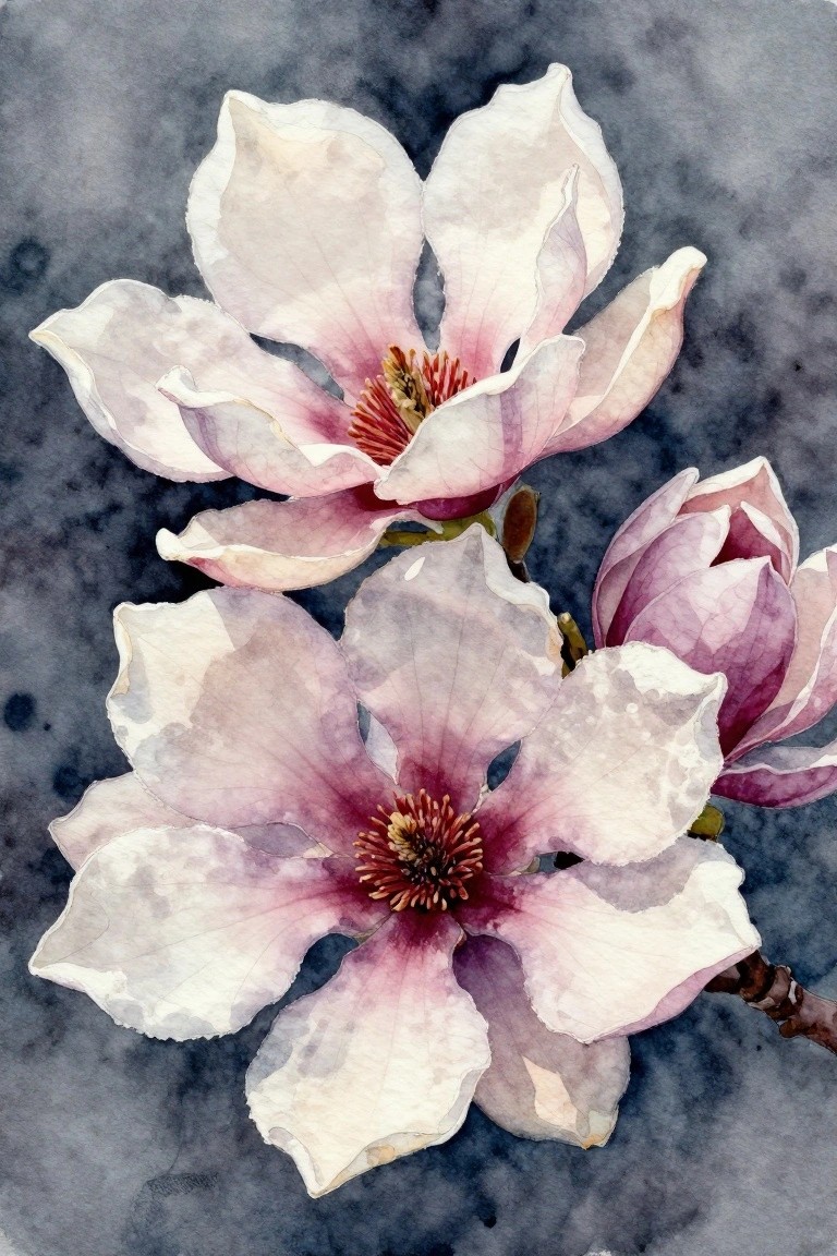 Watercolor magnolias with pink and white petals on a dark textured background