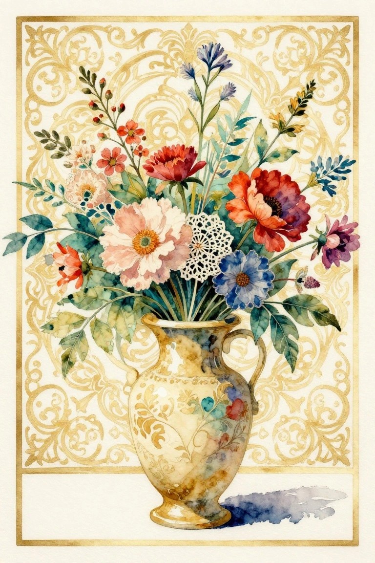Colorful wildflower bouquet in ornate vase against gold filigree watercolor background
