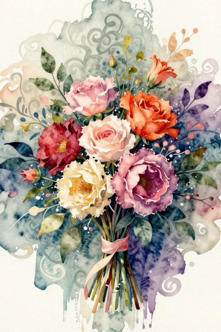 Watercolor bouquet of pink, orange, red, purple roses with pink ribbon on abstract background