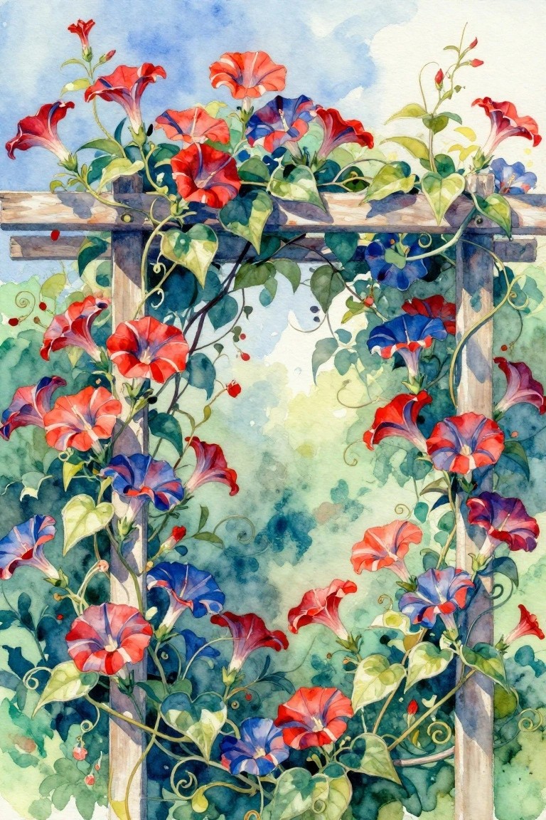 Watercolor of red and blue morning glories climbing a wooden trellis