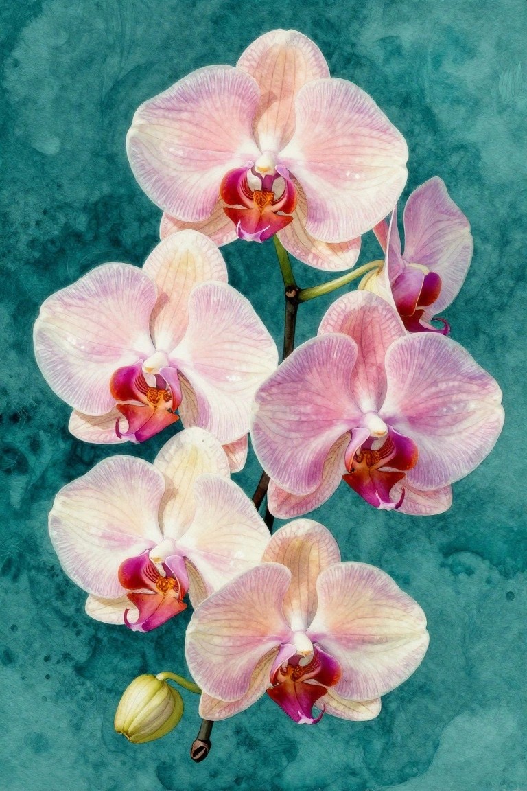 Pink and white orchids with purple centers on textured teal background