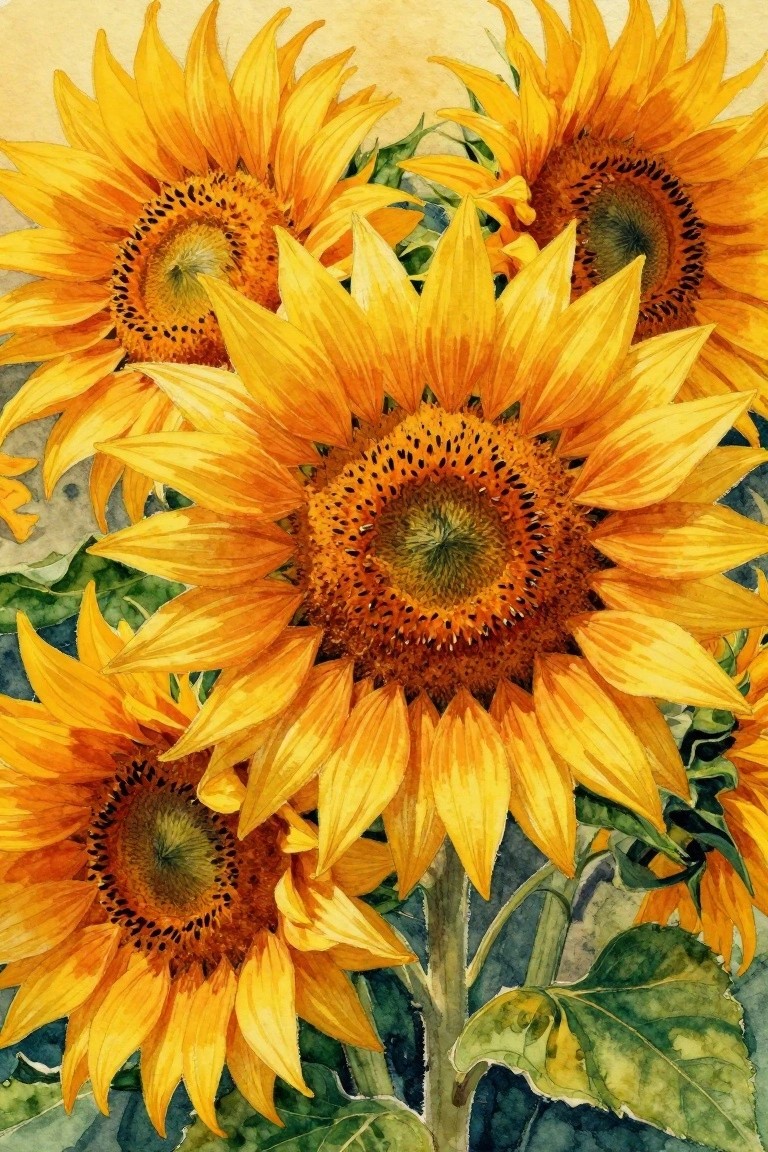 A watercolor painting of several overlapping yellow sunflowers with dark centers and green leaves.