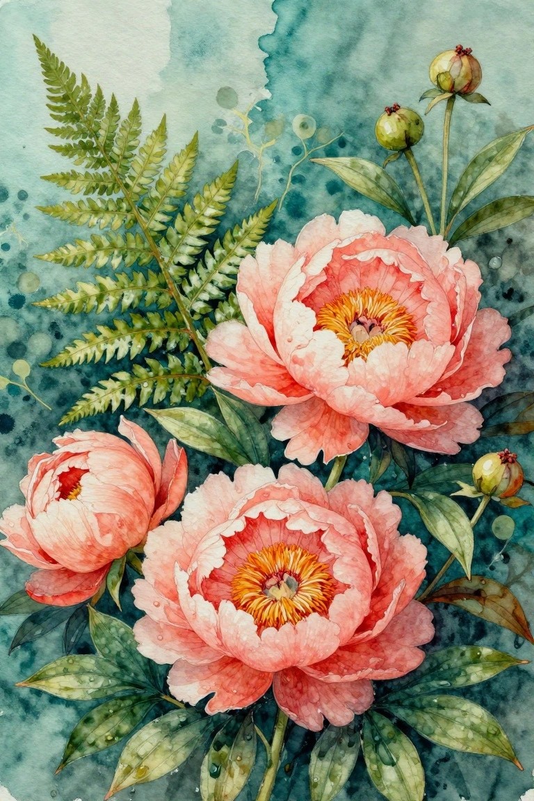 Watercolor of pink peonies with yellow centers, ferns, and buds on teal background