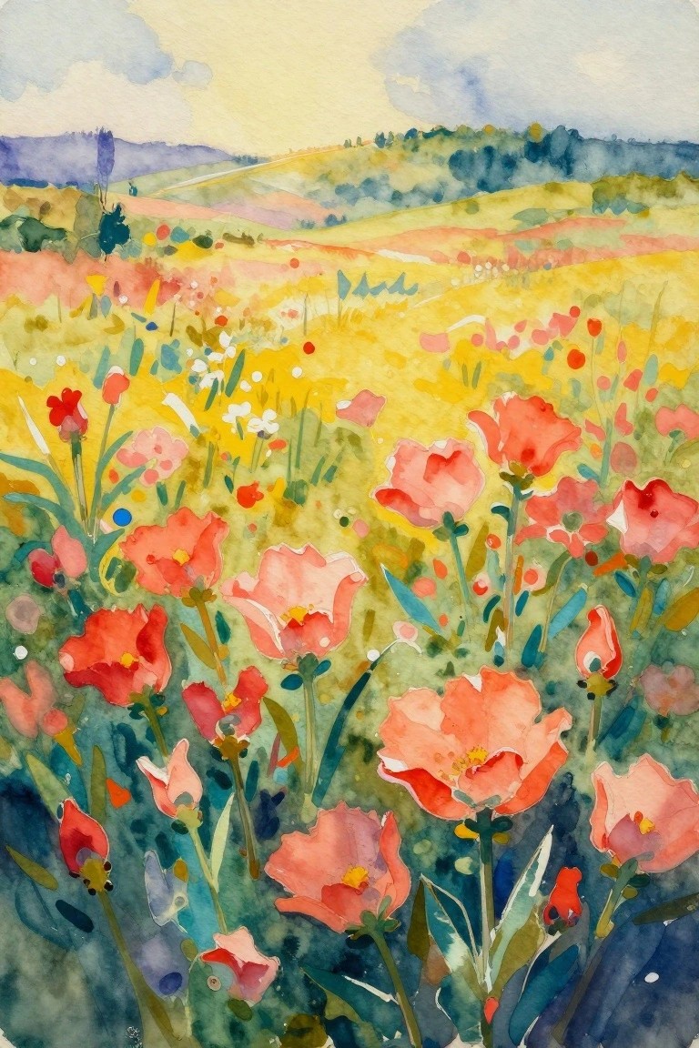 A watercolor painting of a field filled with red and pink poppies in the foreground, yellow meadows, and rolling hills in the background.