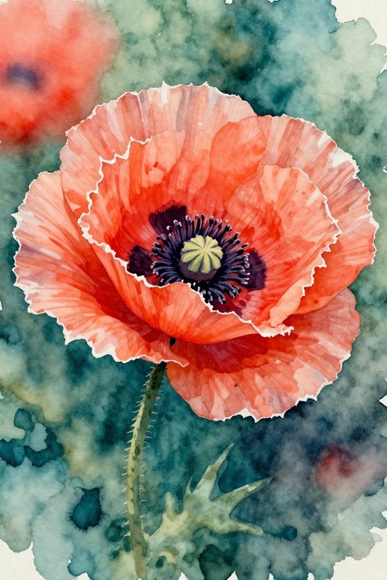 Watercolor of vibrant red-orange poppy with dark center and green stem.