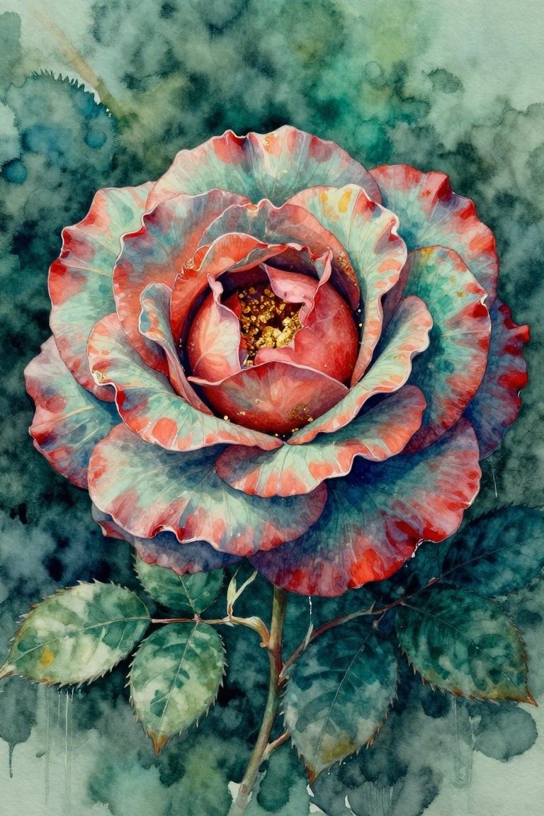 Vibrant watercolor rose with red and teal petals around golden center