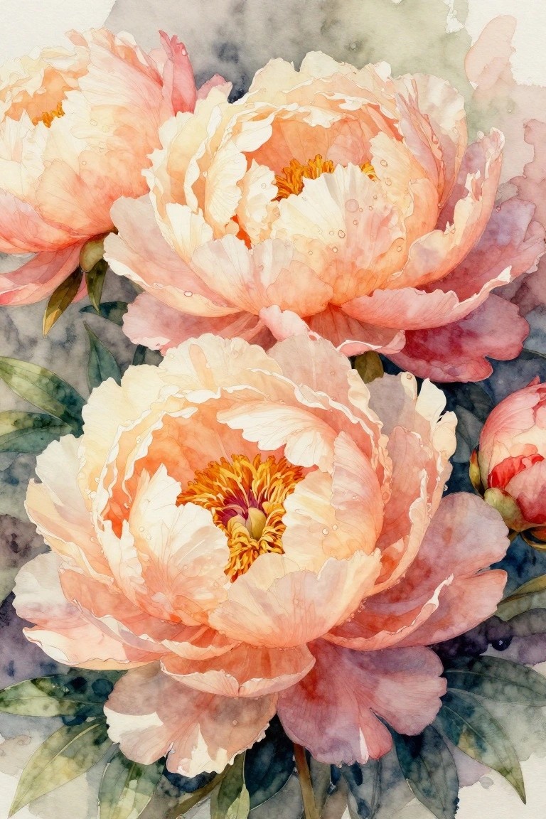 A watercolor painting of several large peach and pink peony flowers with yellow centers, visible water droplets, and green leaves against a muted background.