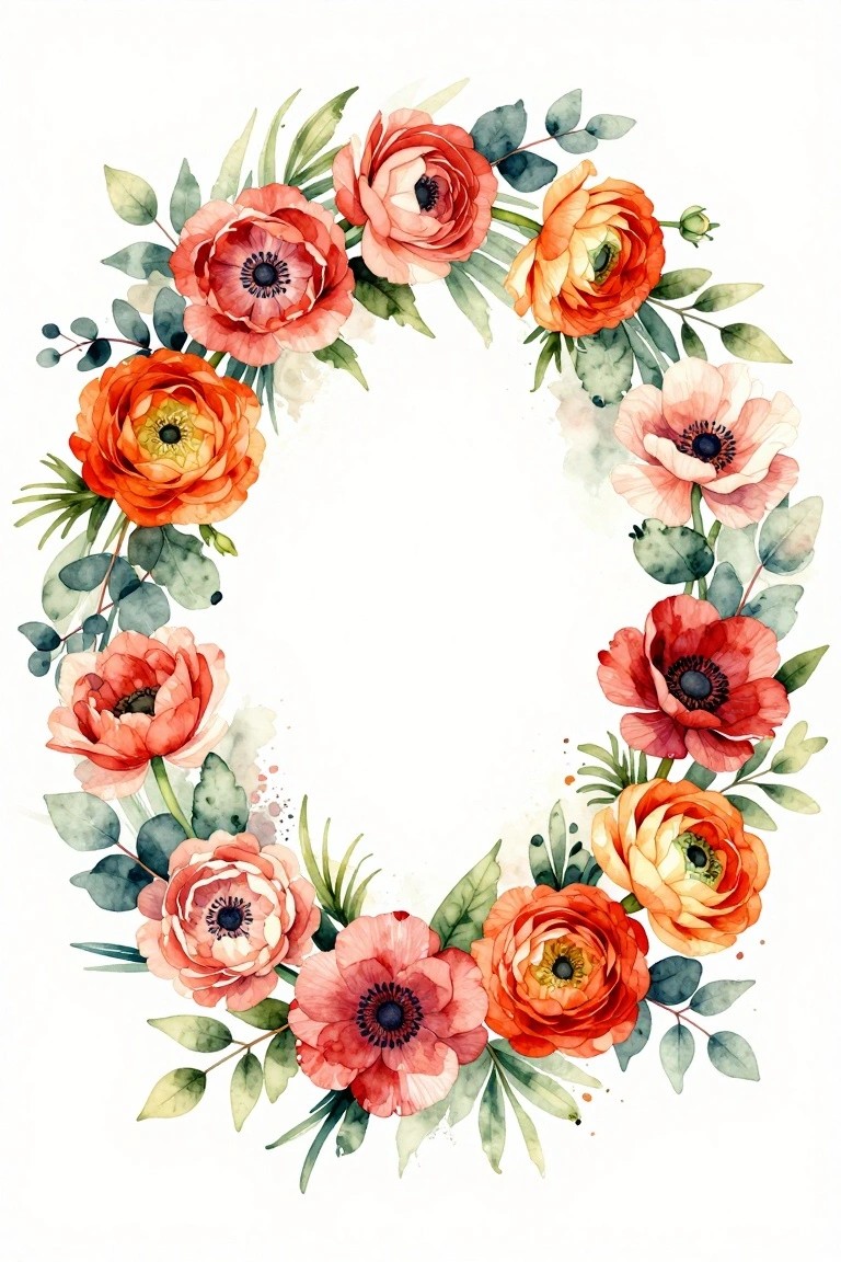 Watercolor wreath of red, orange, and pink flowers with green leaves in a circle