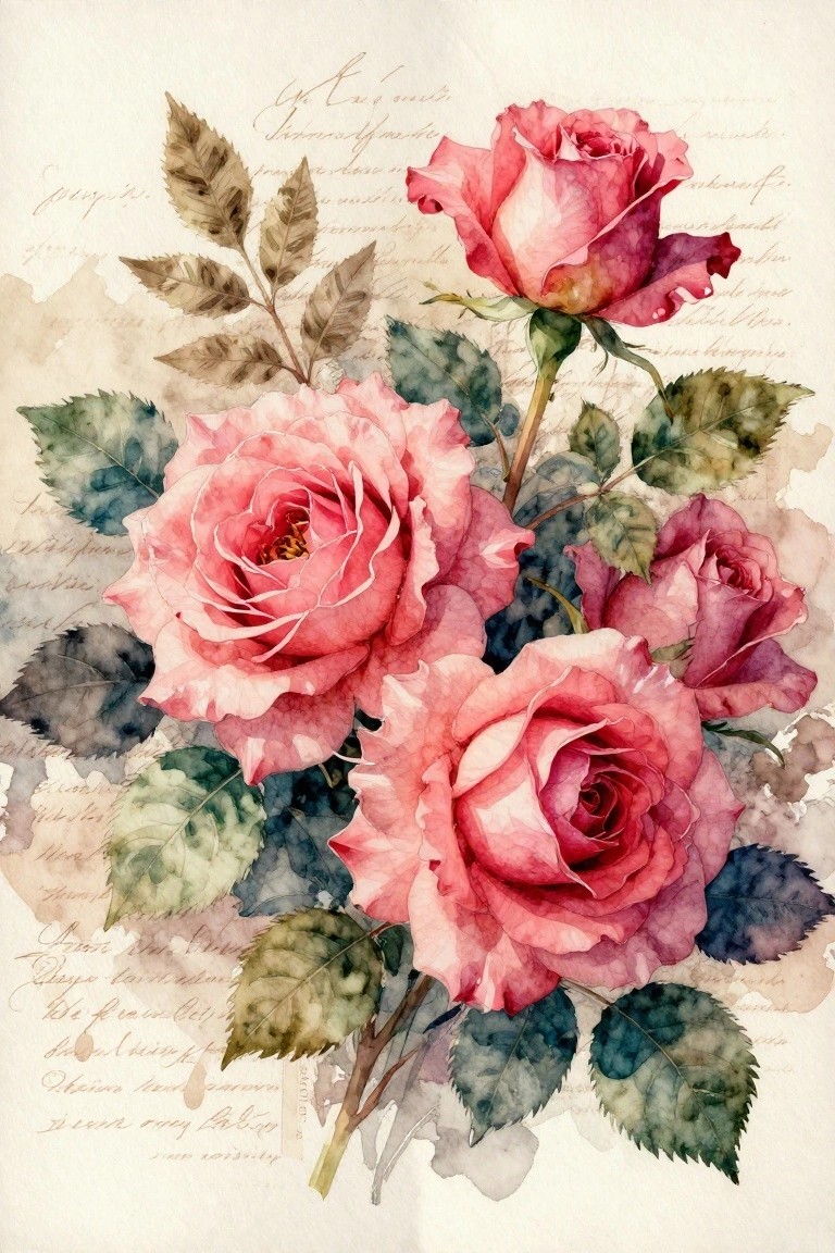 Watercolor of pink roses and leaves over faded cursive handwritten script background