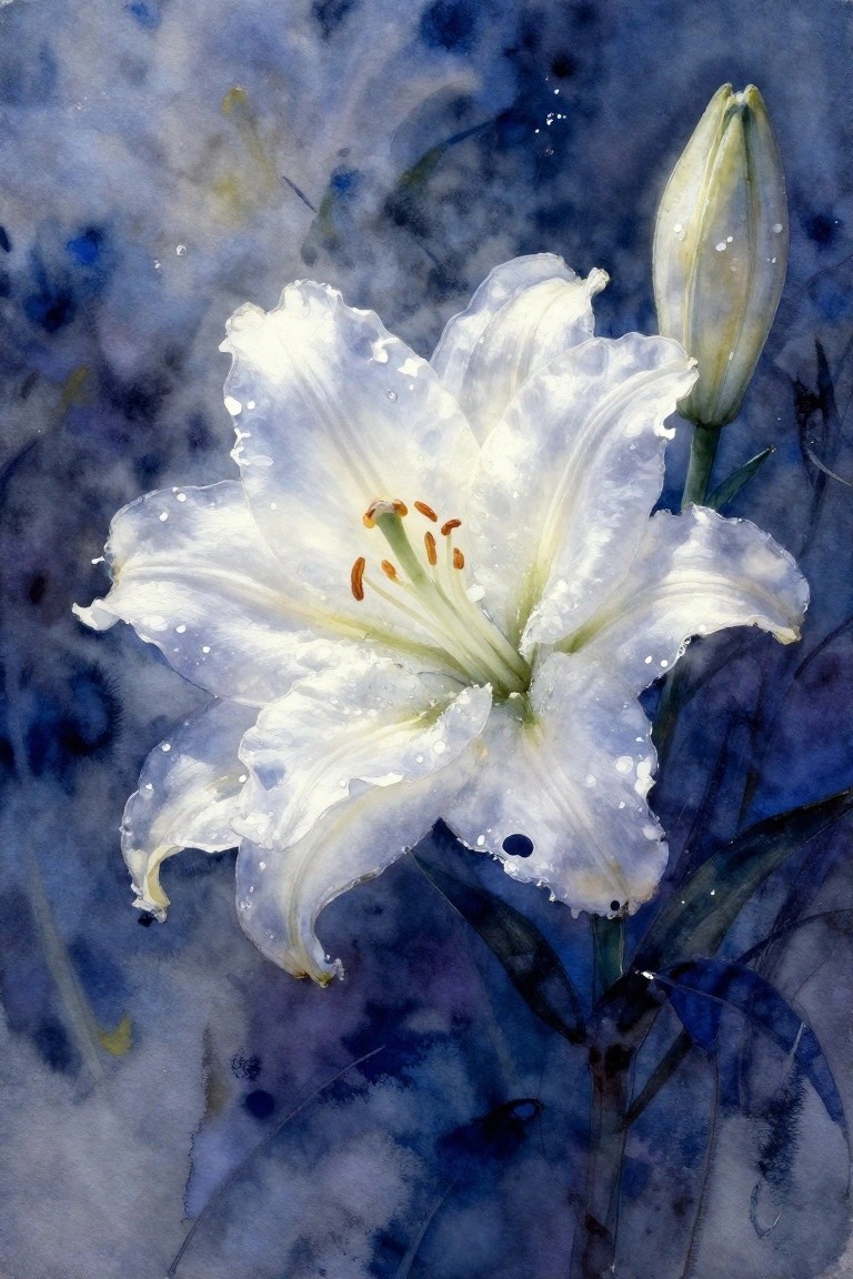 White lily bloom with water droplets beside closed bud in blue watercolor