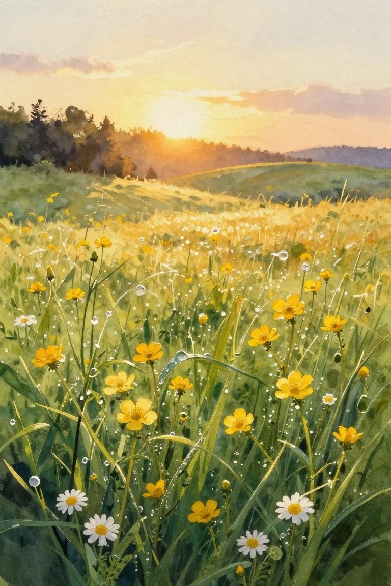 A watercolor painting of a grassy field filled with yellow flowers and white daisies covered in dew drops, with a sunset over rolling hills in the background.