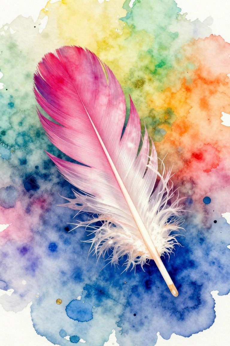 A pink and white feather lies diagonally on a colorful watercolor background with blended blue, purple, yellow, orange, and green washes.