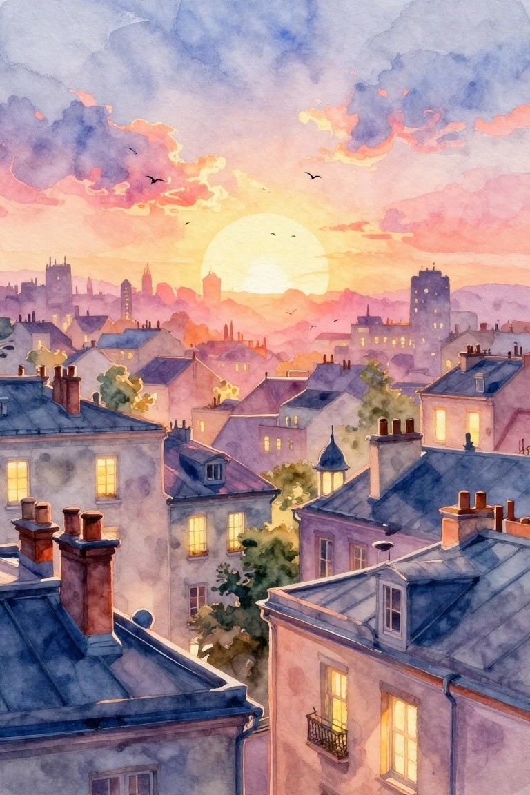 A watercolor painting of city rooftops at sunset with a large sun, pink and purple clouds, scattered birds, and lit windows in the buildings.