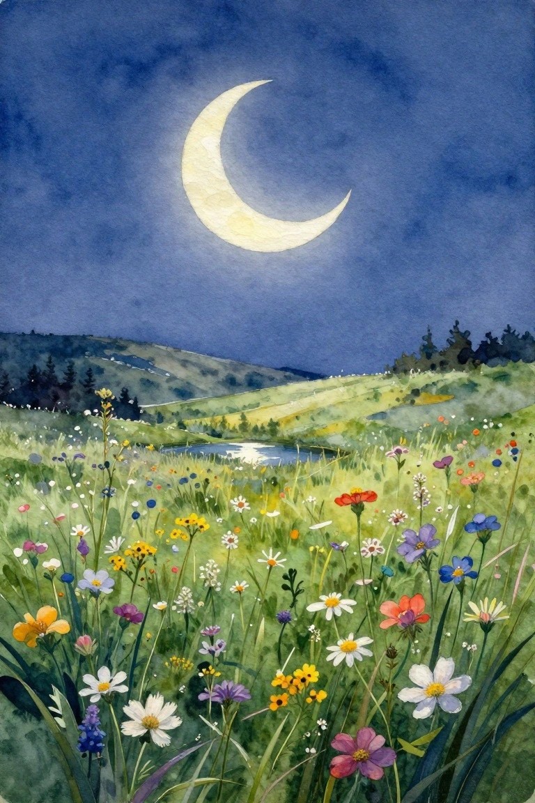 Watercolor crescent moon above colorful wildflowers in meadow with rolling hills at night