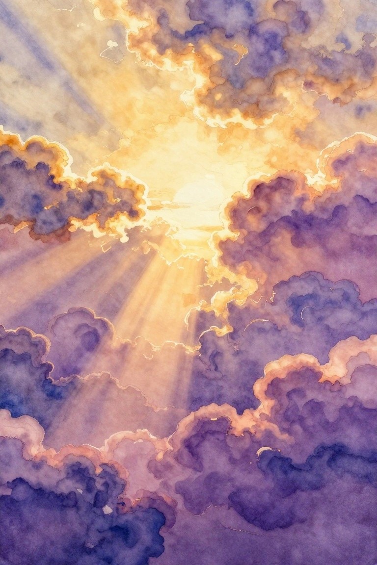 Golden sun rays burst through vibrant purple and orange watercolor clouds.