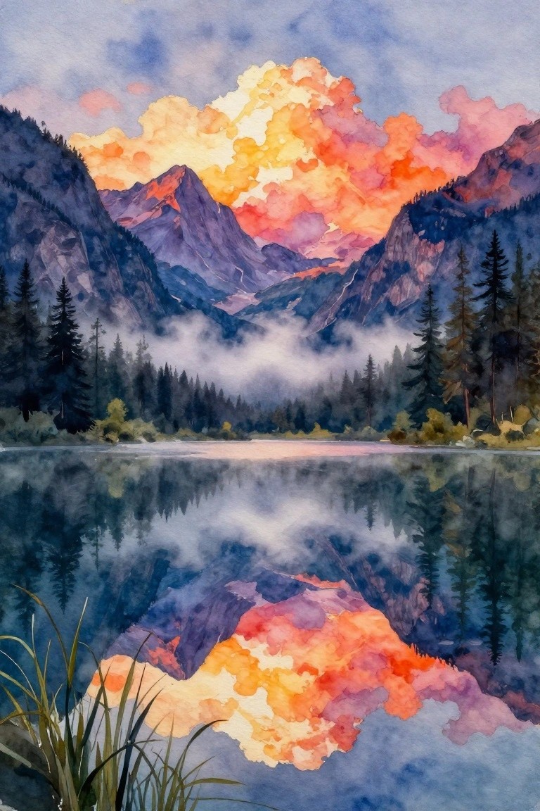 A watercolor painting of a mountain lake reflecting vibrant orange and pink sunset clouds, with dark forested mountains on both sides and mist in the valley.