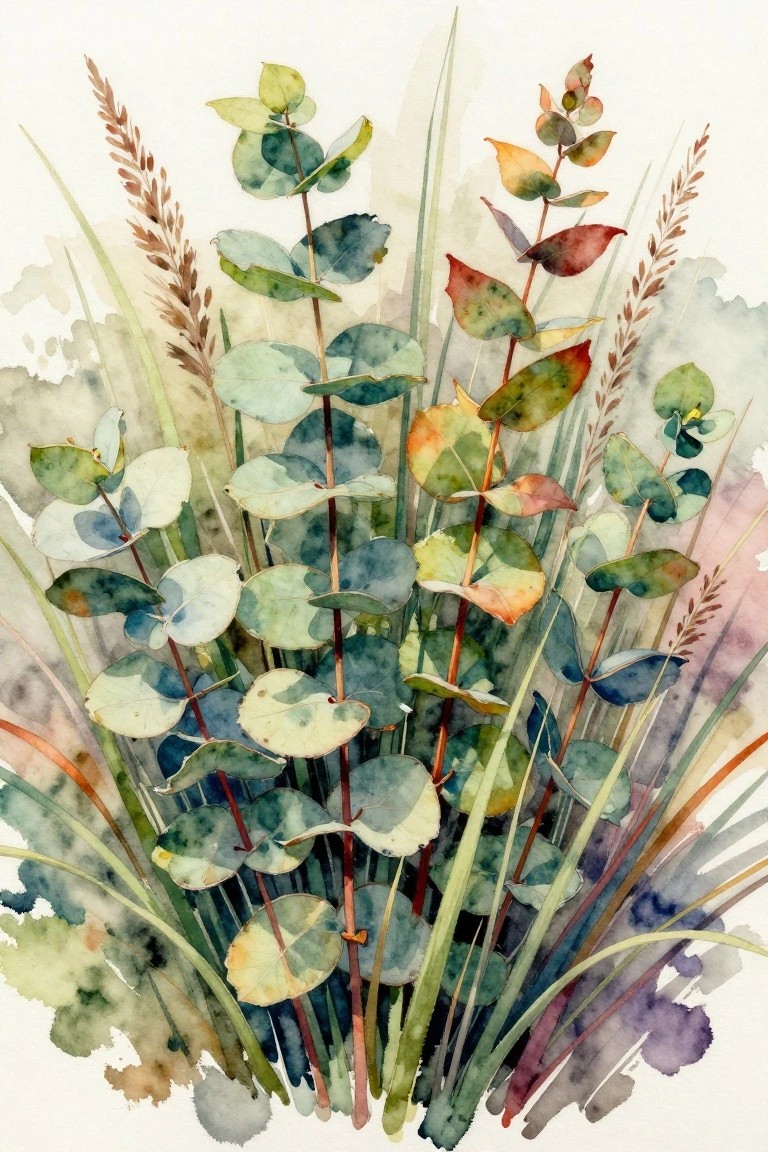 Watercolor of eucalyptus branches and wild grasses with colorful autumn leaves