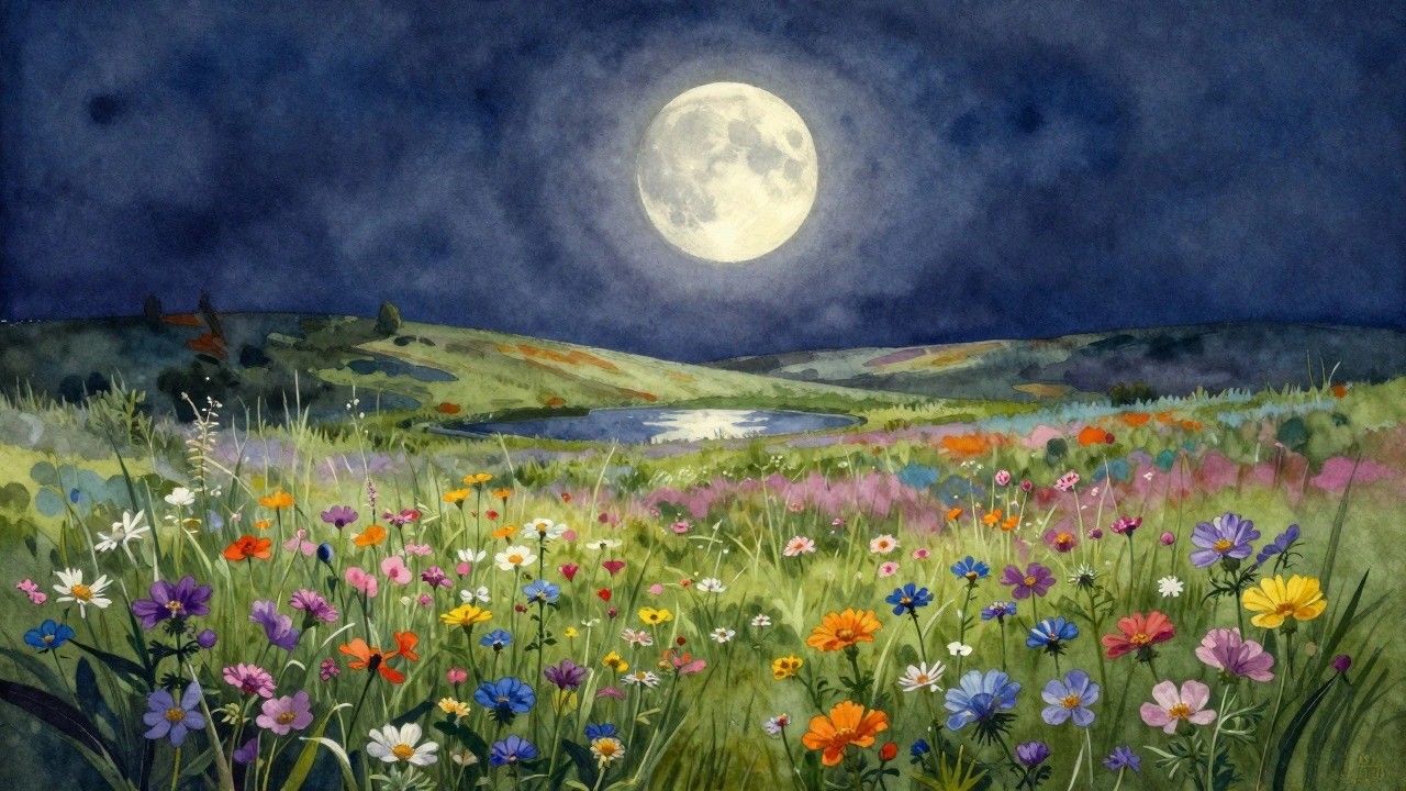 Watercolor crescent moon above colorful wildflowers in meadow with rolling hills at night